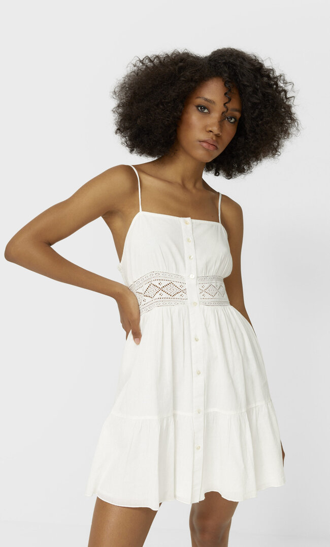 Stradivarius Strappy Dress With Lace Detail Ecru S