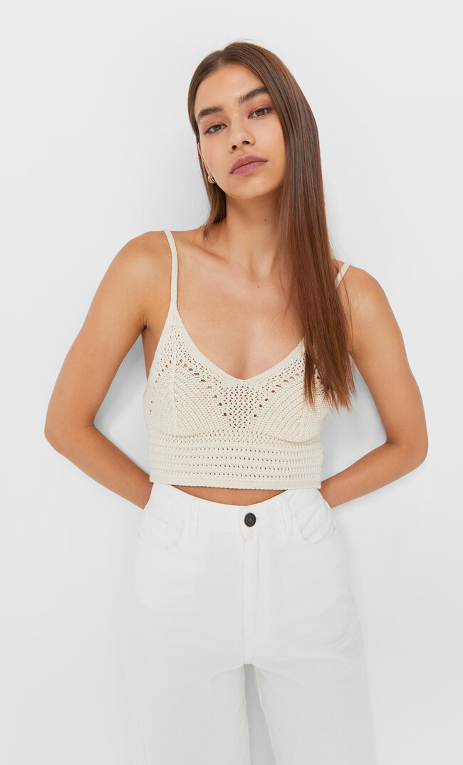 Stradivarius Szydełkowy Biustonosz Bralette Ecru L