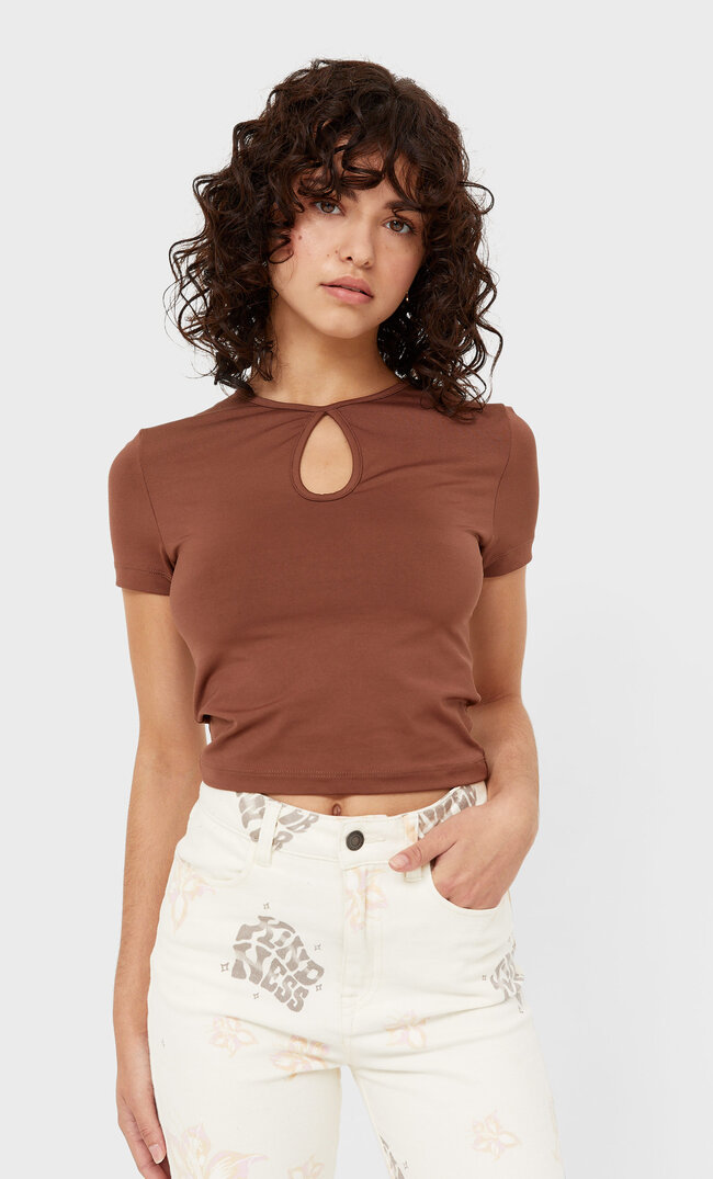 Stradivarius Stretch T-Shirt With Cut-Out Detail Terracotta Xs