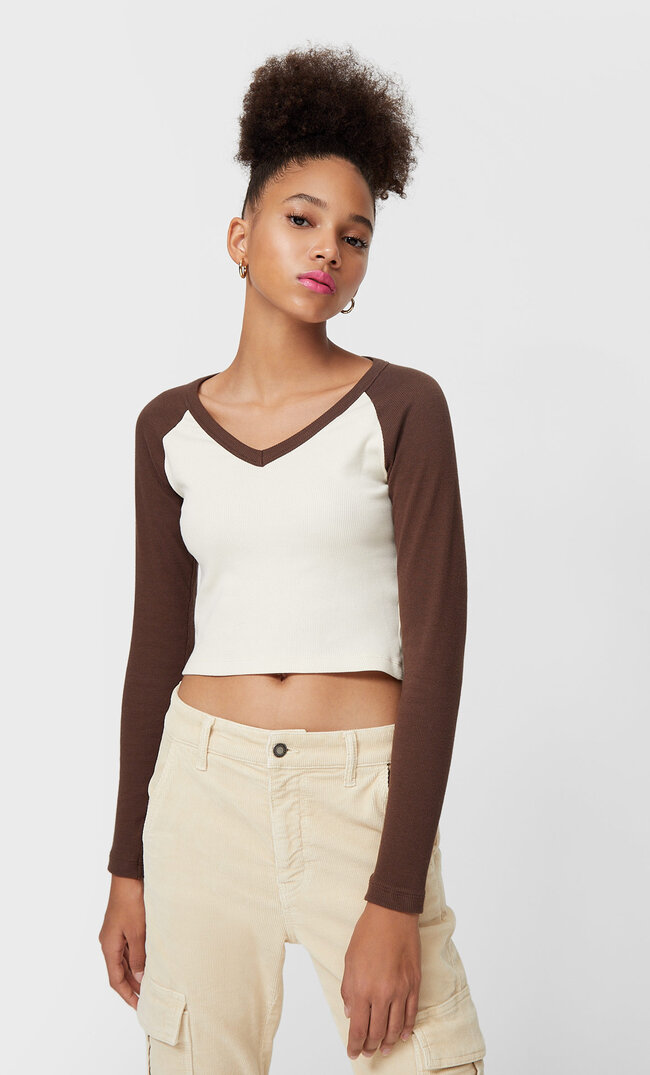 Stradivarius Kombiniertes Langarmshirt Ecru Xl