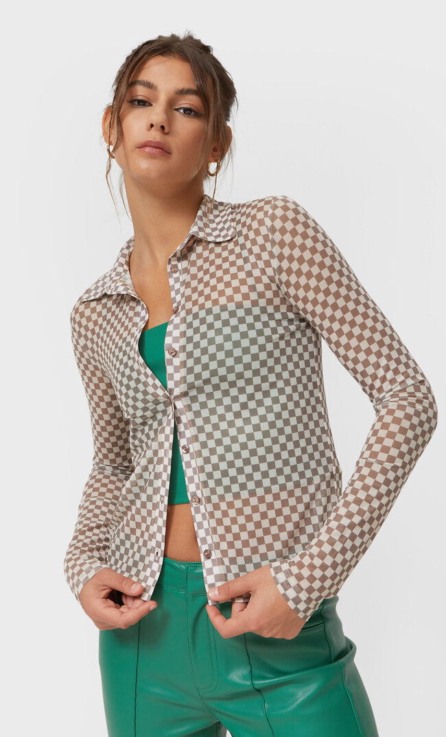 Stradivarius Tulle Check Shirt Stone M