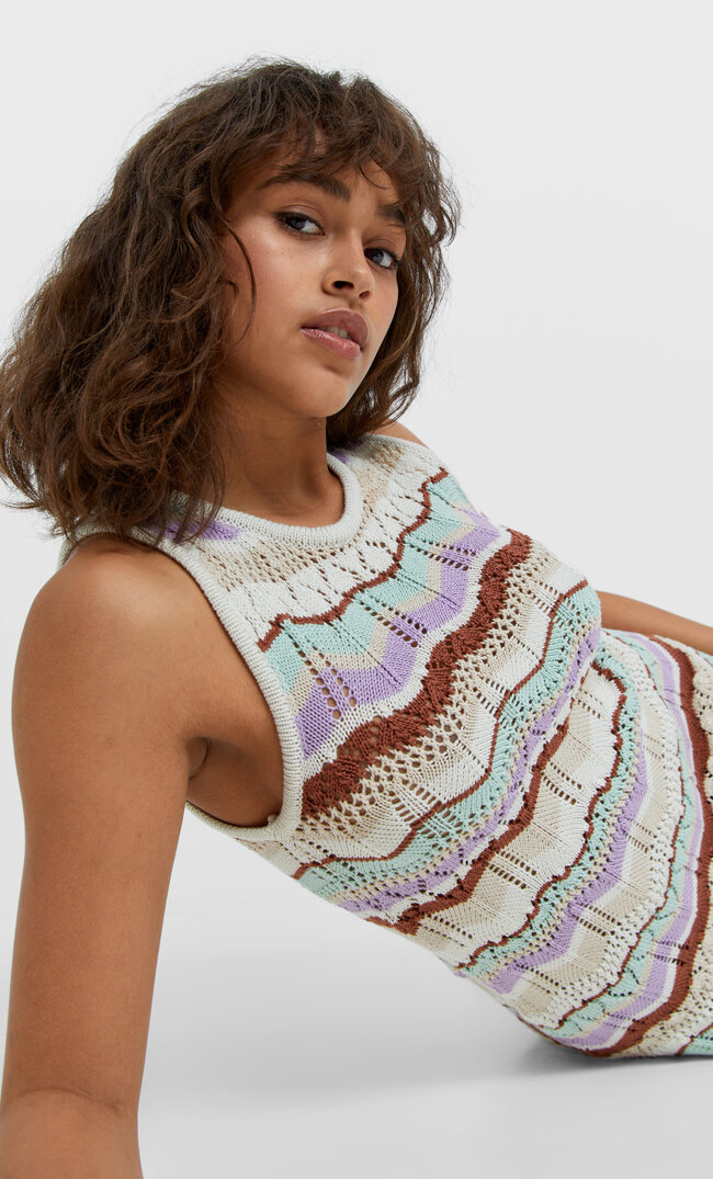 Stradivarius Häkelkleid Mit Zickzackmuster Steingrau Xs