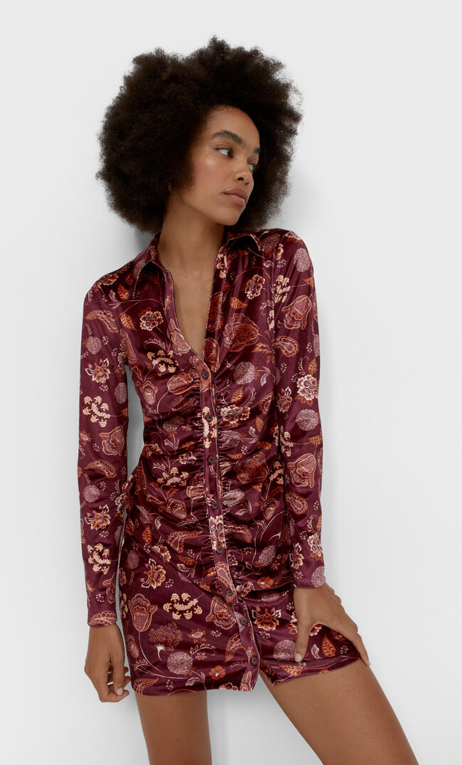 Stradivarius Velvet Shirt Dress Burgundy M