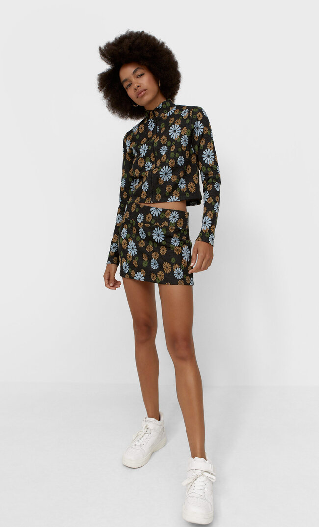Stradivarius Żakardowa Spódnica We Wzór Retro Czarny Xl