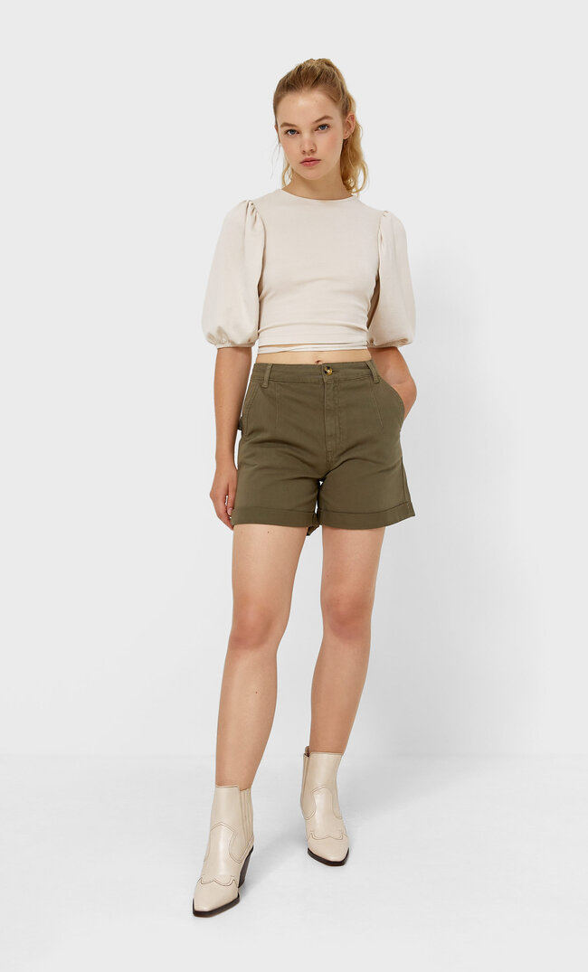 Stradivarius Bermudy Z Diagonalu Khaki S