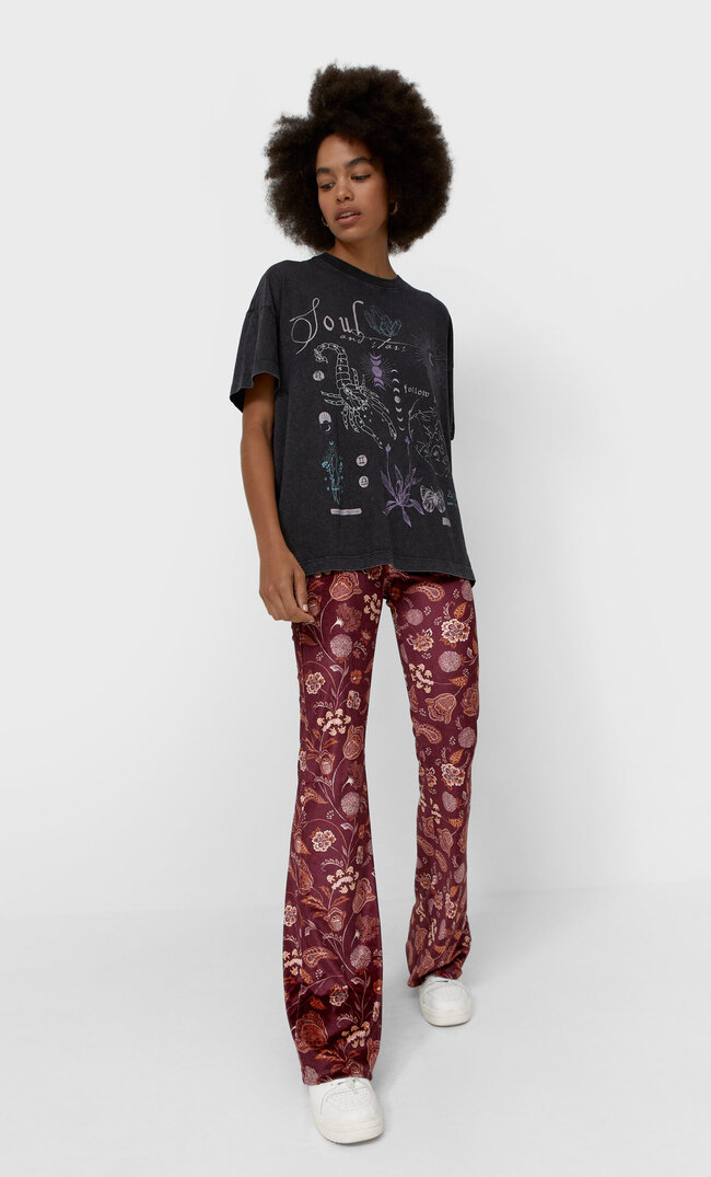 Stradivarius Aksamitne Legginsy Dzwony Wiśniowy Xs