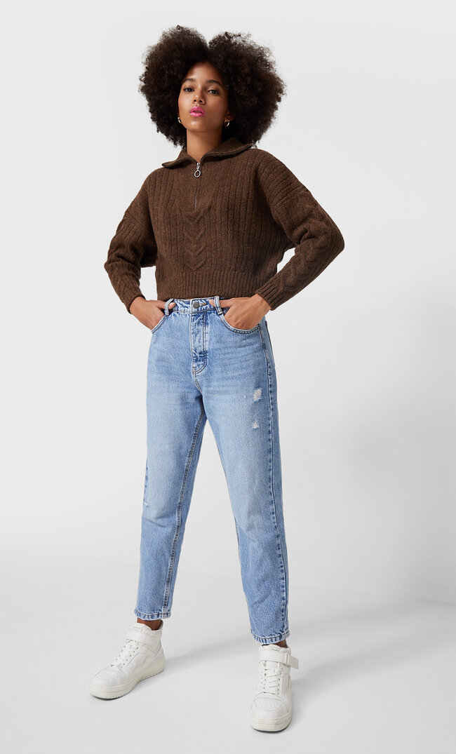 Stradivarius Rollkragenpullover Mit Reißverschluss Braun M