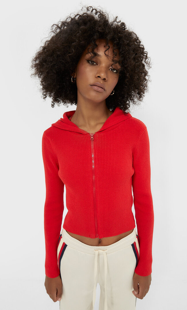 Stradivarius Hooded Cardigan Red M