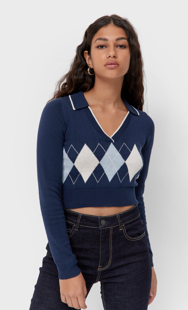 Stradivarius Argyle Polo Collar Sweater Navy Blue M