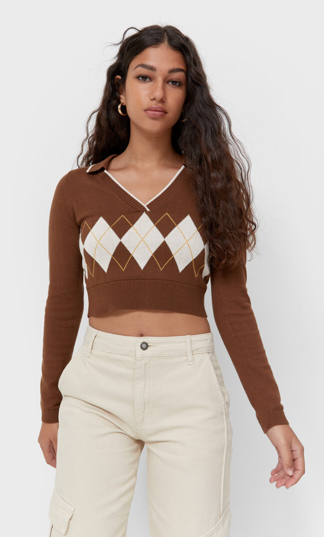 Stradivarius Argyle Polo Collar Sweater Brown M