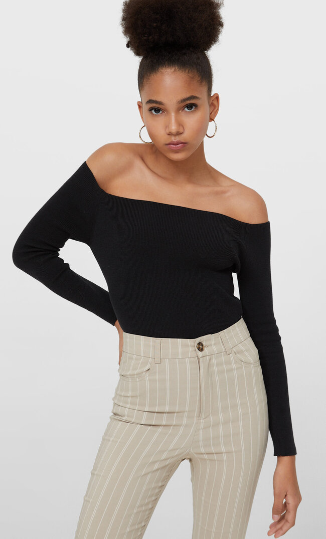 Stradivarius Strickpullover Mit Carmen-Ausschnitt Schwarz Xl