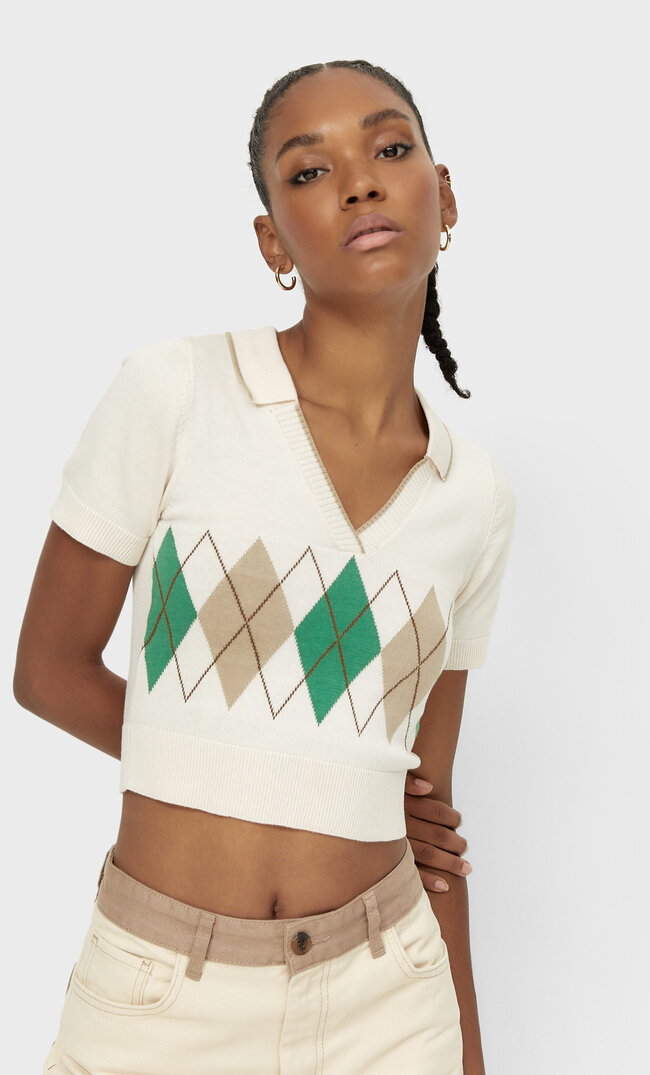 Stradivarius Cropped-Pullover Mit Polo-Kragen Steingrau M