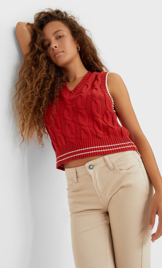 Stradivarius Varsity Cable-Knit Vest Red S