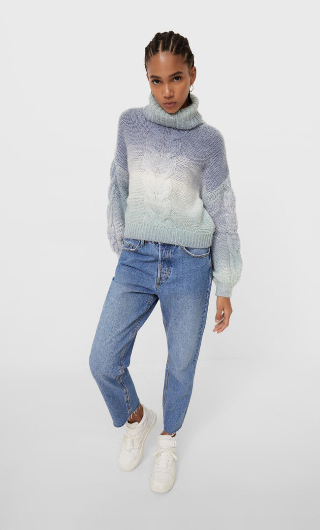 Stradivarius Space Dye Braid Knit Sweater Sky Blue S