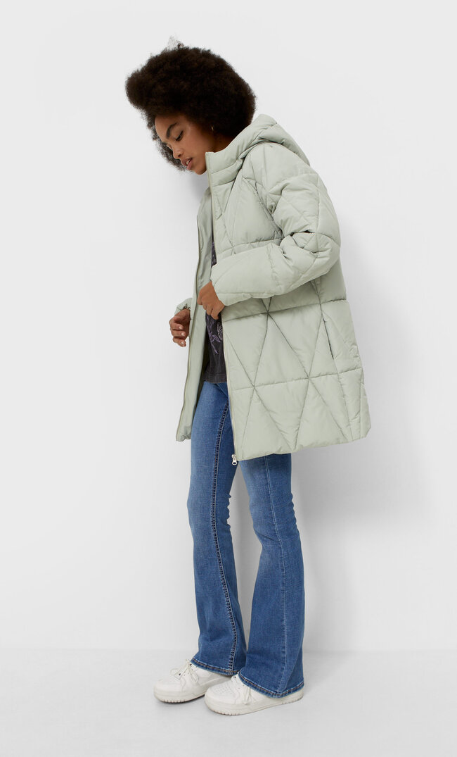 Stradivarius geometric quilted coat green s