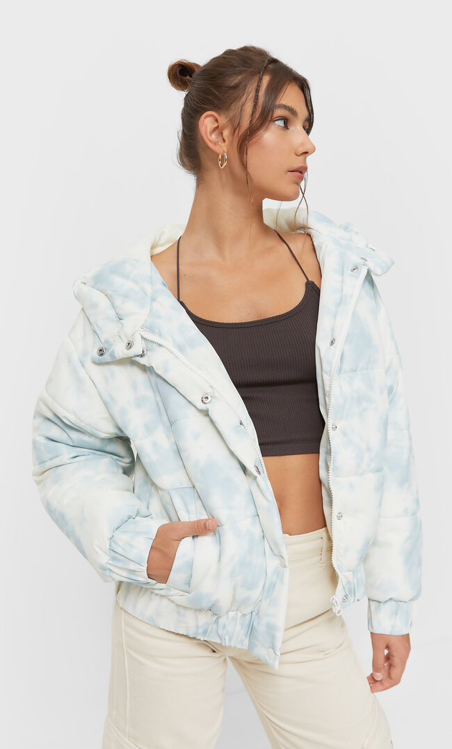 Stradivarius Cloud Print Puffer Jacket Sky Blue S