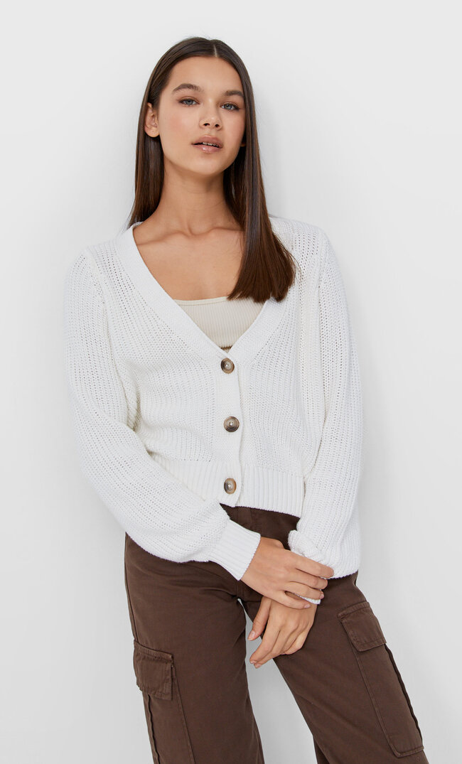 Stradivarius Kardigan Basic Z Guzikami Ecru L