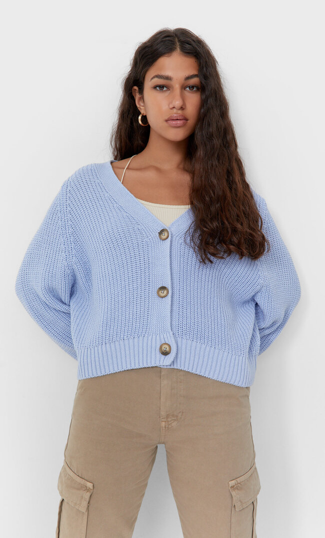 Stradivarius Kardigan Basic Z Guzikami Błękitny Xs