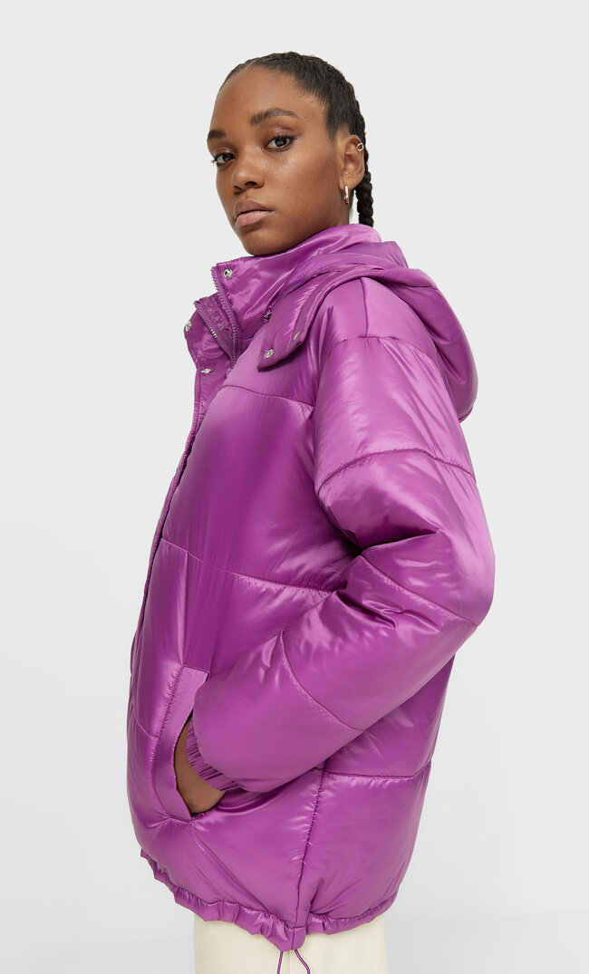 Stradivarius Satiny Puffer Jacket Purple L