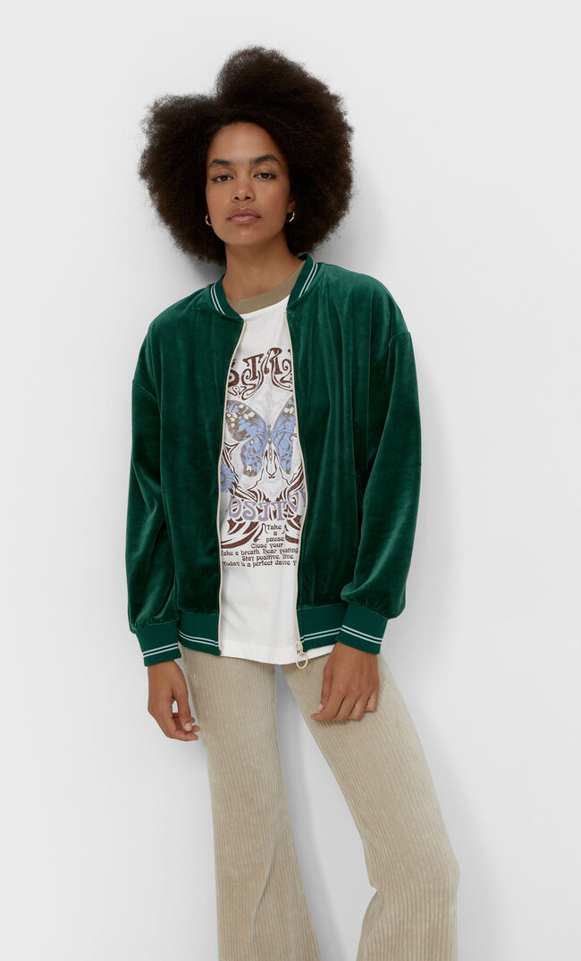 Stradivarius Velvet Bomber Jacket Green L