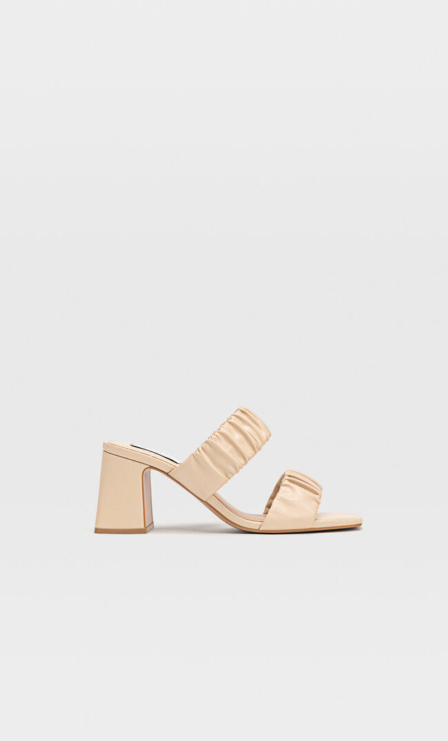 Stradivarius Heeled Sandals With Ruched Double Strap Natural 3