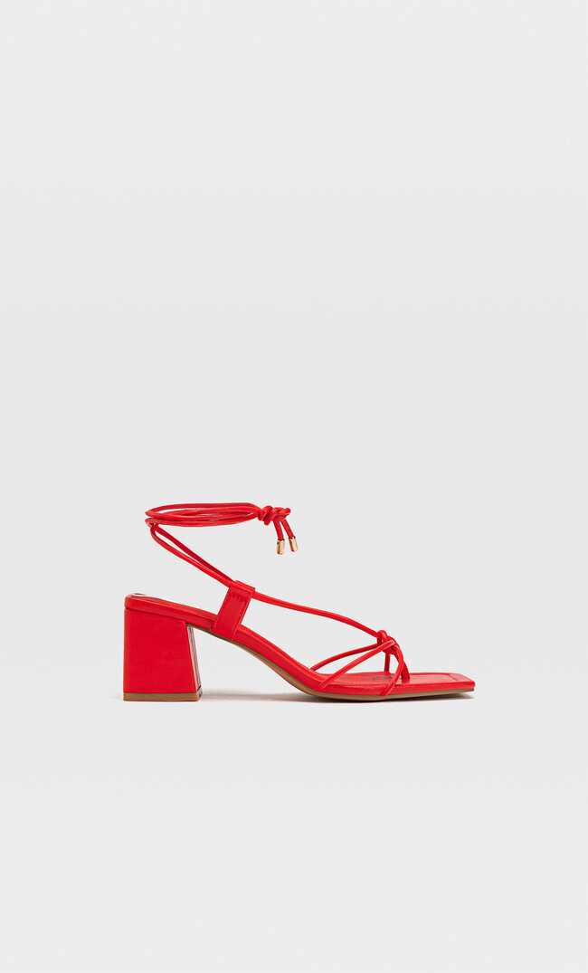 Stradivarius Heeled Sandals With Tied Straps Red 5