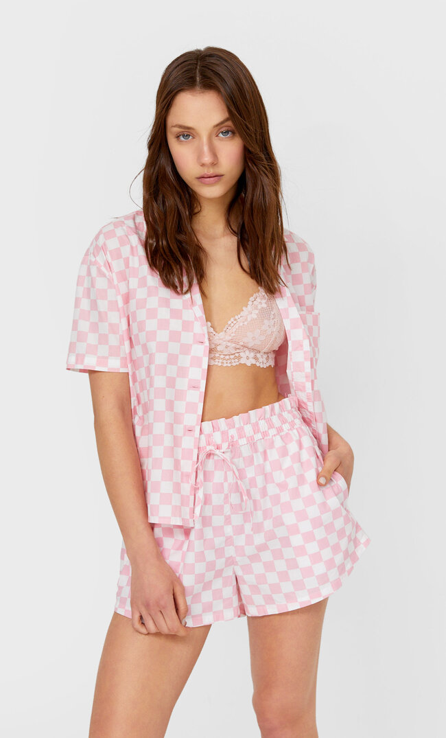 Stradivarius Kurzes Popelin-Pyjamahemd Kaugummirosa S