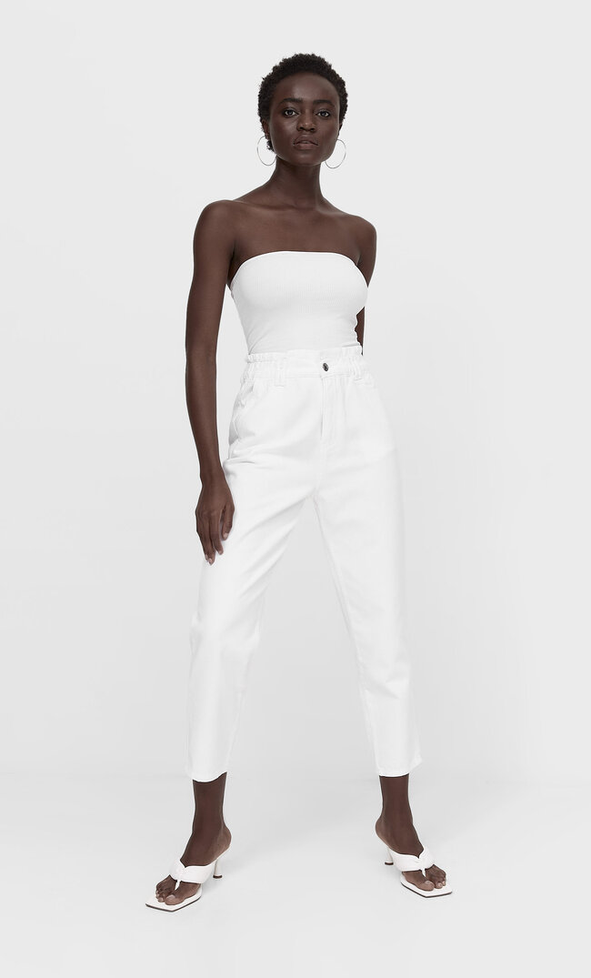 Stradivarius Jeansy Baggy Z Diagonalu Kobieta Biały L