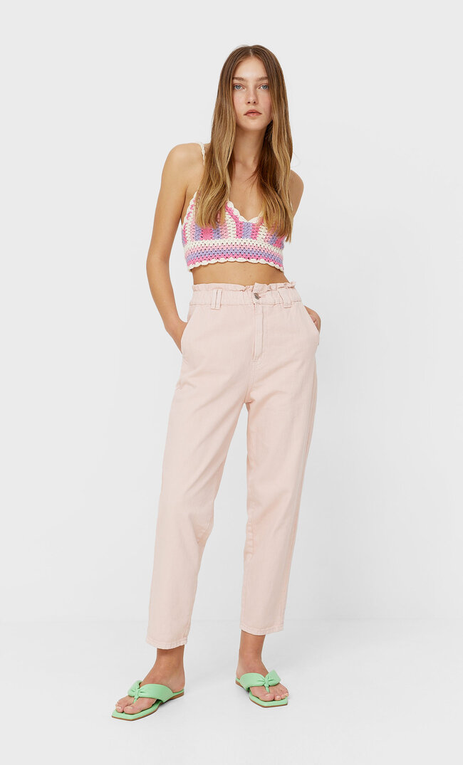 Stradivarius Jeansy Baggy Z Diagonalu Kobieta Pudrowy Róż M