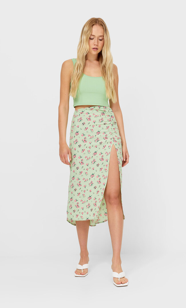 Stradivarius Midirock Mit Blumenprint Aquamarin 40