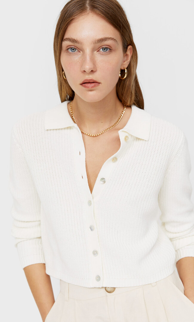 Stradivarius Strickjacke Mit Polokragen Ecru Xs