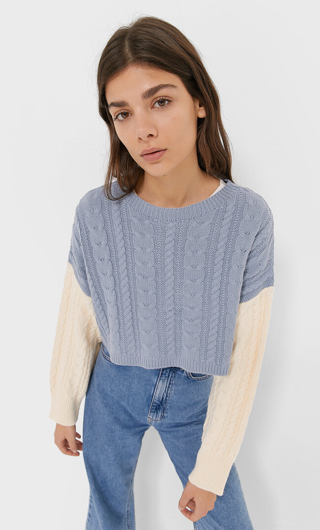 Stradivarius Cropped-Pullover Mit Zopfmuster Himmelblau S