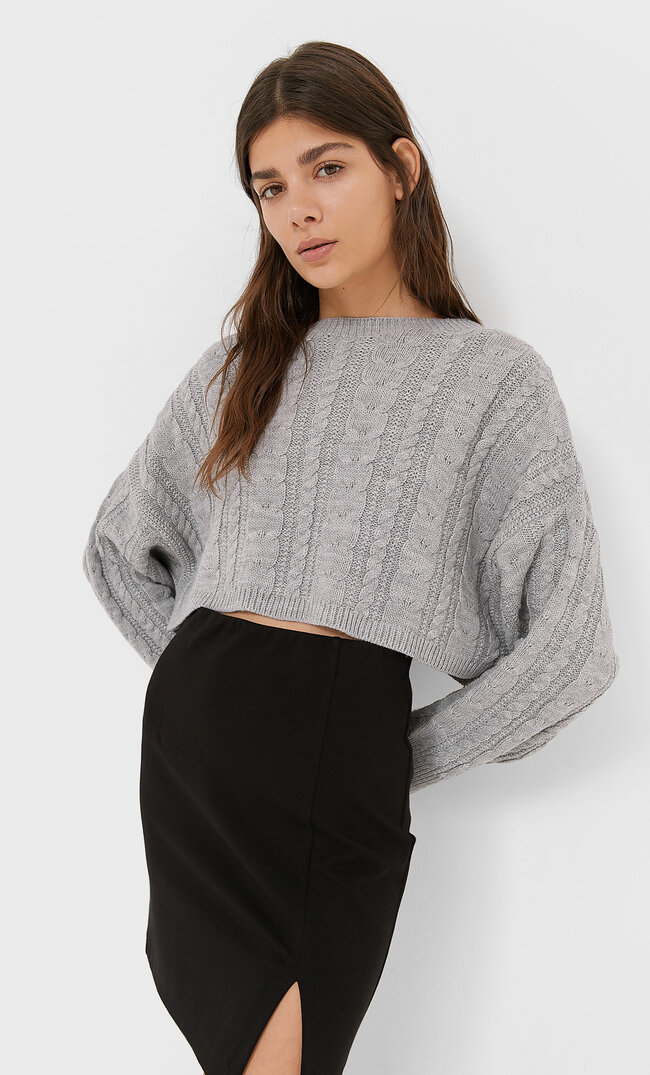 Stradivarius Cropped-Pullover Mit Zopfmuster Grau Melange M