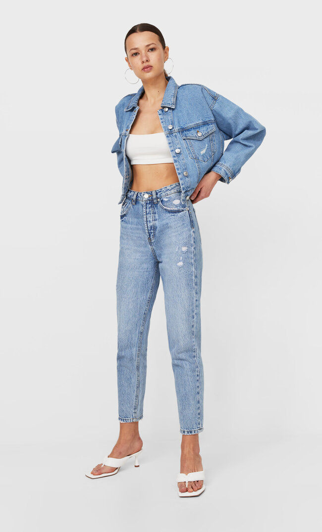 Stradivarius Krótka Kurtka Jeansowa Kobieta Jasnodenimowy S