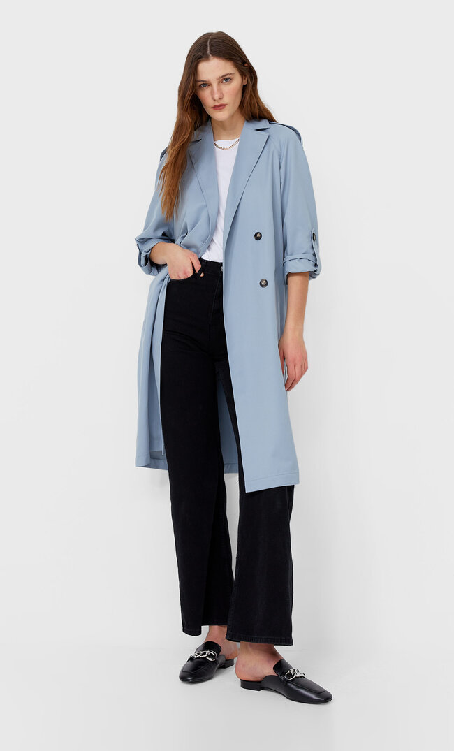 Stradivarius Langer Fließender Trenchcoat Himmelblau S