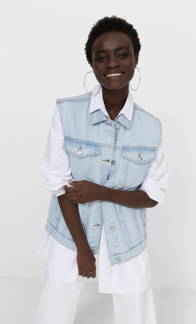 Stradivarius Jeansowa Kamizelka Oversize Kobieta Jasnodenimowy S