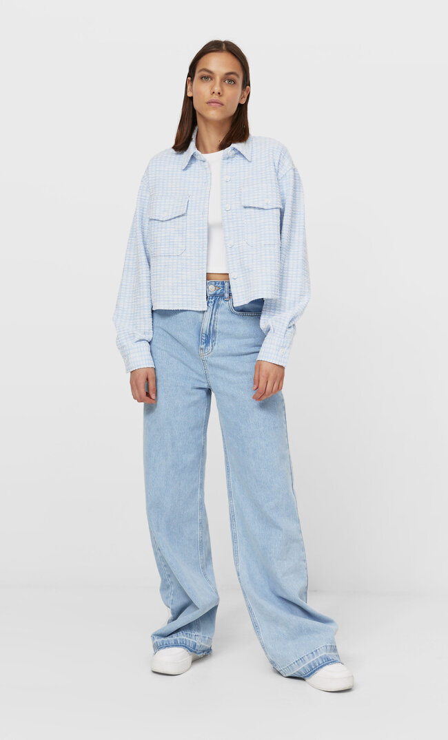 Stradivarius Kurze Hemdjacke Mit Karomuster Himmelblau Xl