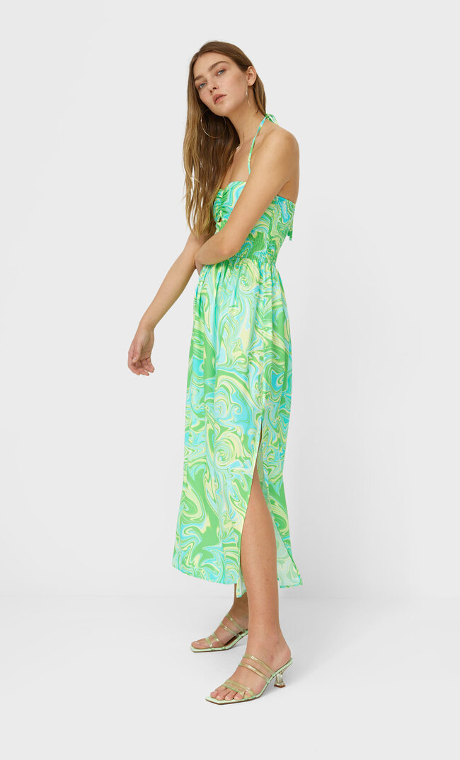 Stradivarius Langes Kleid Mit Psychedelischem Print Pistaziengrün M