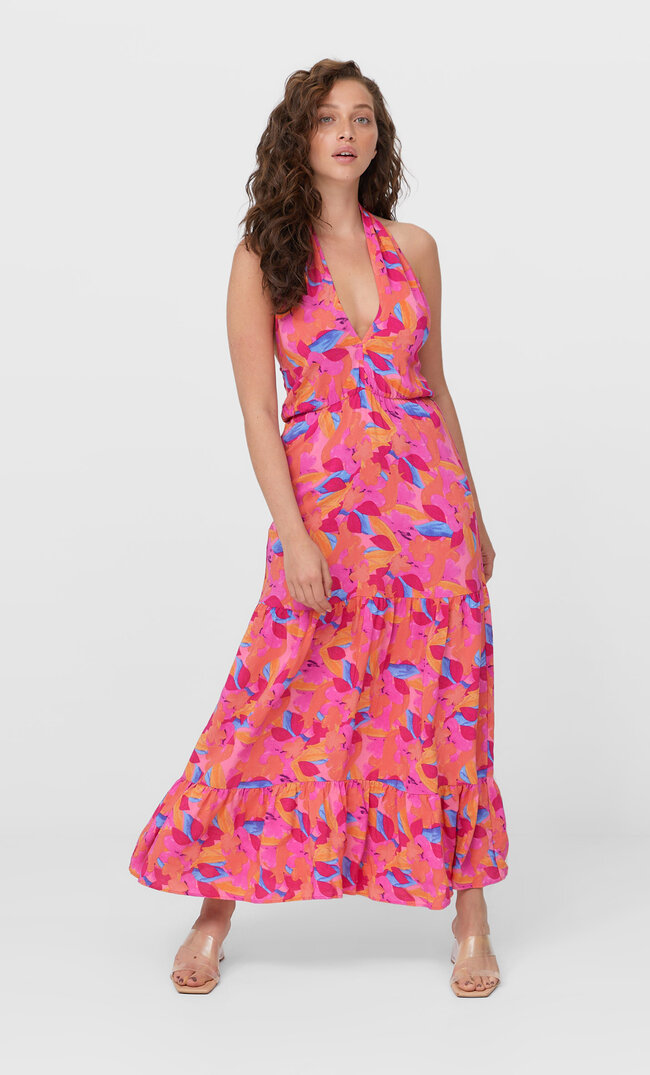 Stradivarius Kleid Mit Neckholder Und Print Fuchsia S
