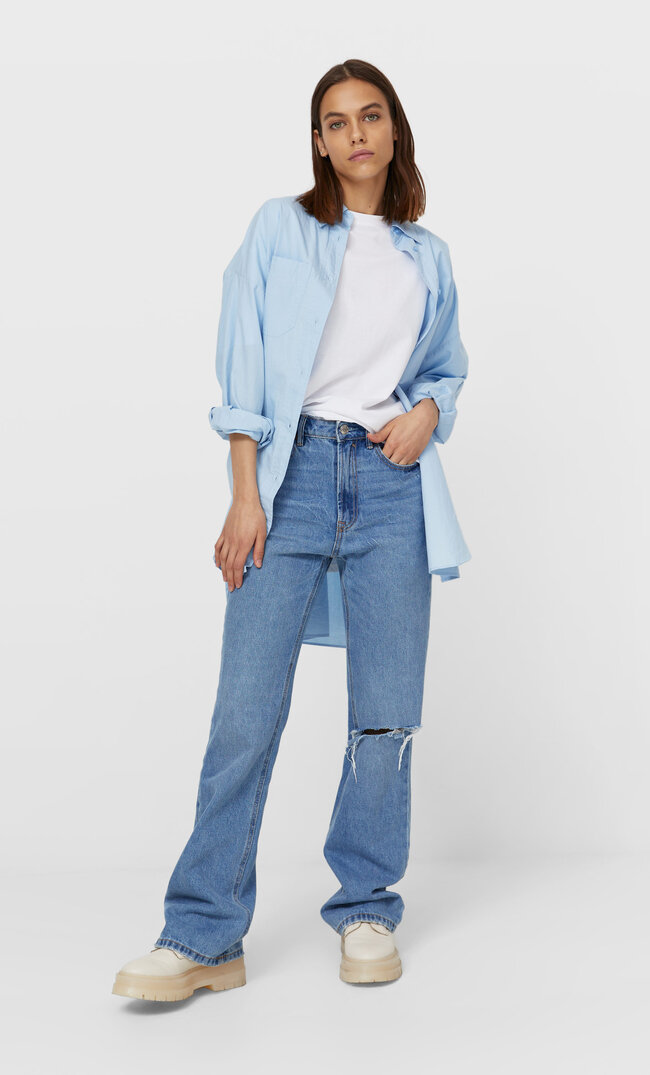 Stradivarius Długa Koszulka Basic Kobieta Biały S