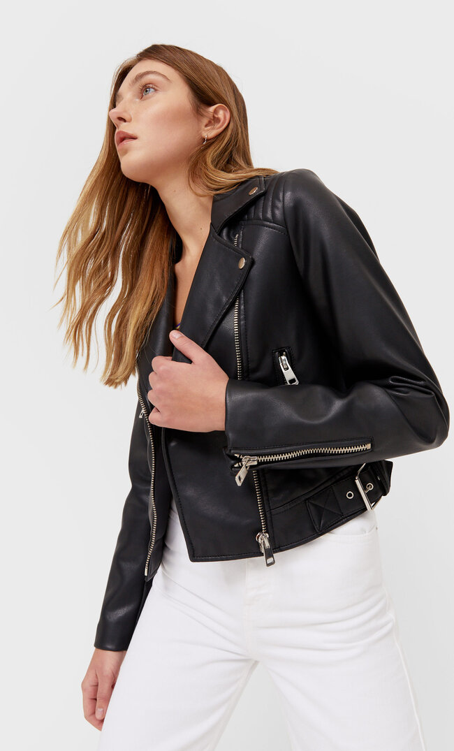 Stradivarius Kurtka W Stylu Biker Kobieta Czarny S