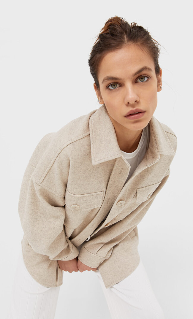 Stradivarius Koszula Wierzchnia Oversize Z Dzianiny Kobieta Ecru Xl