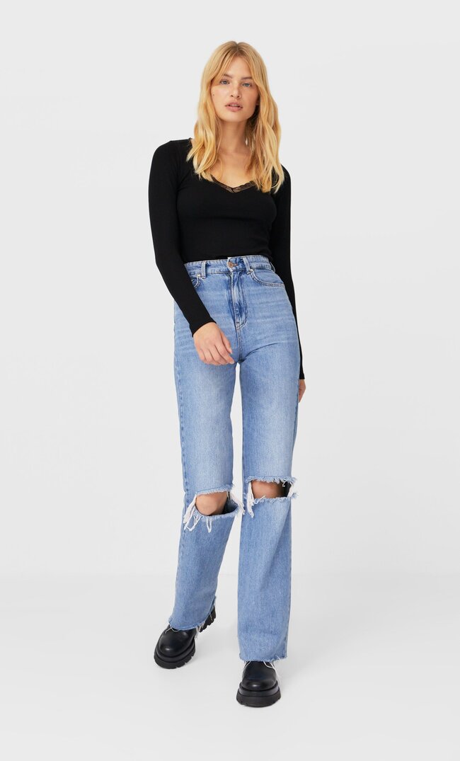 Stradivarius Langarmshirt Mit Spitzenborte Schwarz S