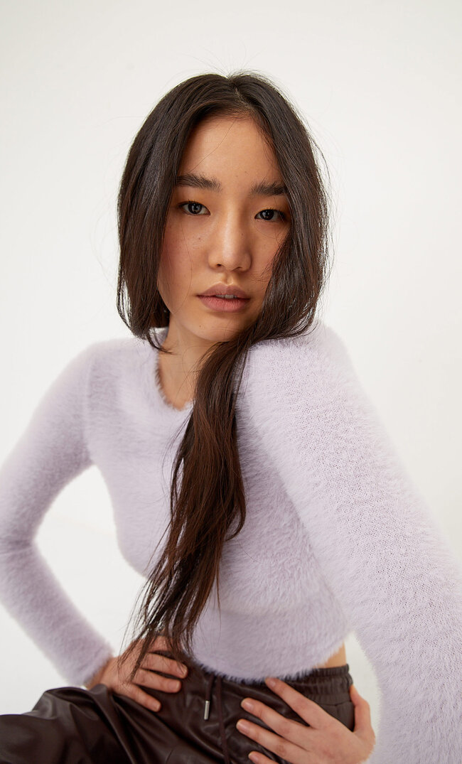 Stradivarius Weiches Cropped-Shirt Lila S