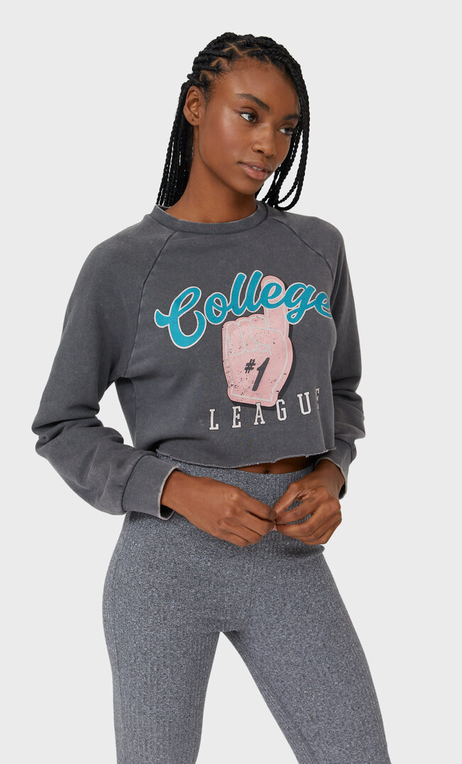 Stradivarius Cropped-Sweatshirt Mit Print Grau Melange L