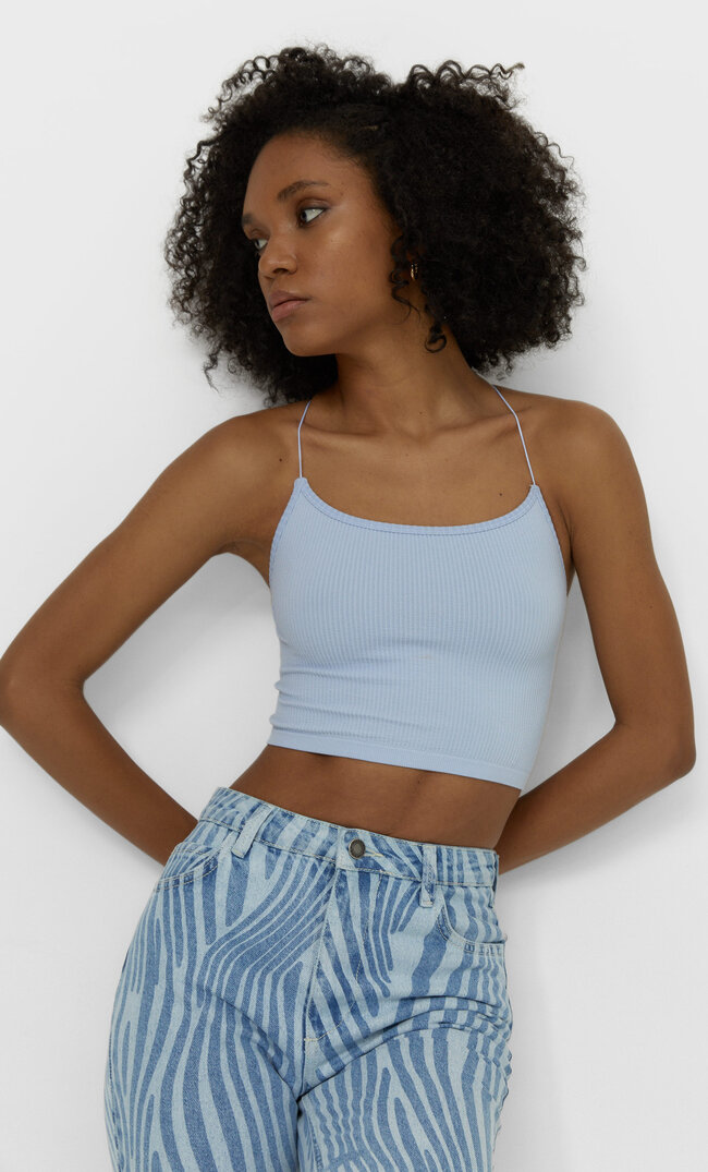 Stradivarius Bezszwowy Top Z Ozdobnym Tyłem Kobieta Błękitny Xs