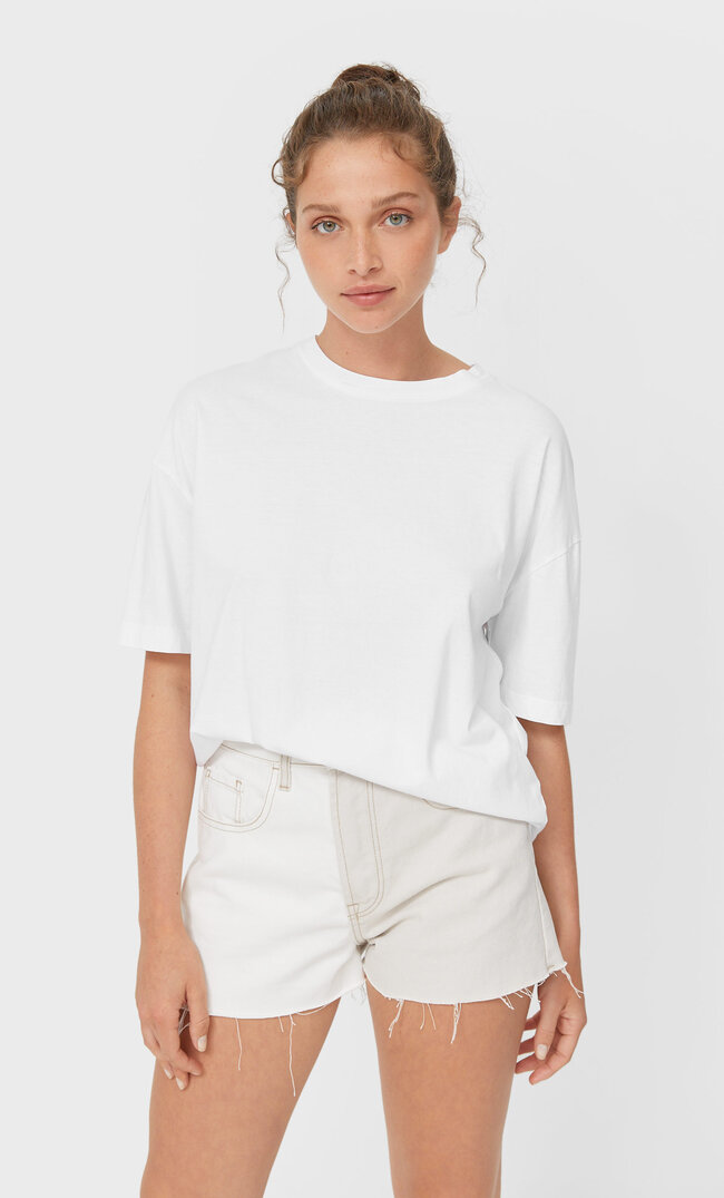 Stradivarius Koszulka Oversize Z Krótkim Rękawem Kobieta Biały Xs