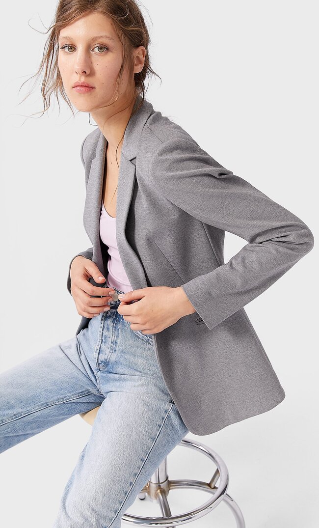 Stradivarius Dzianinowa Marynarka Basic Kobieta Popielaty M