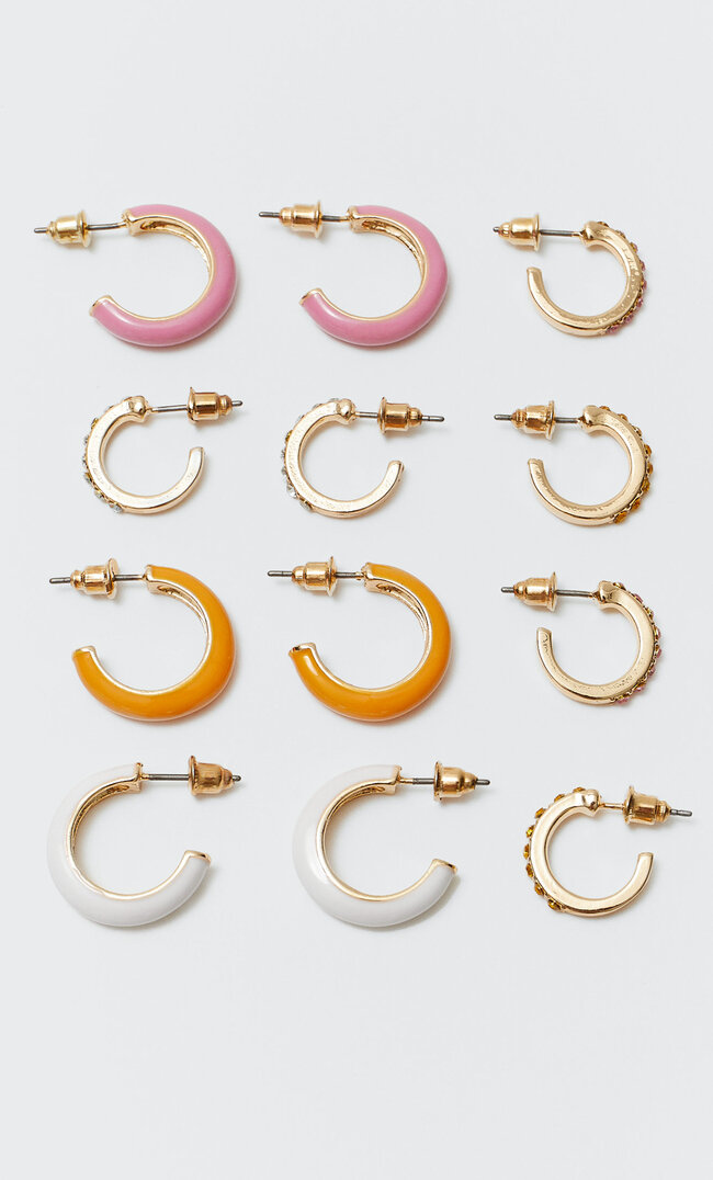 Stradivarius Set Of 6 Coloured Diamanté Hoop Earrings Ecru M