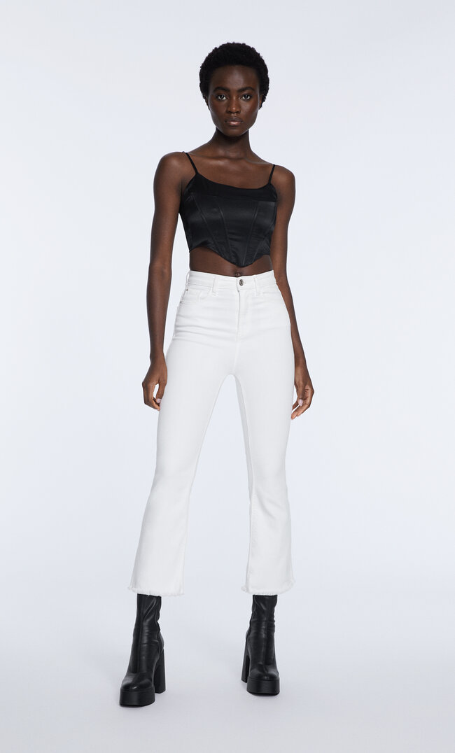Stradivarius Cropped Flared Trousers White 6